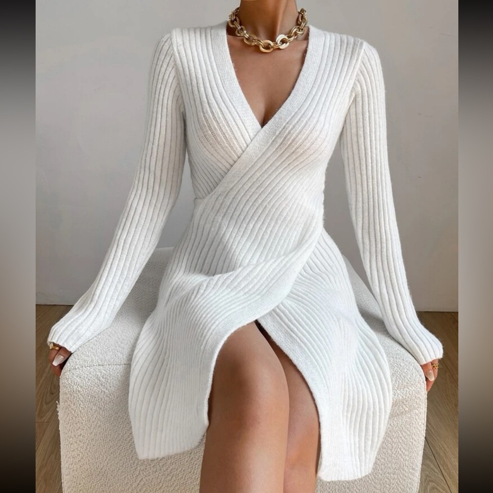 Classic Ribbed Knit Crossover Sweater Dress White - Picture 1 of 6
